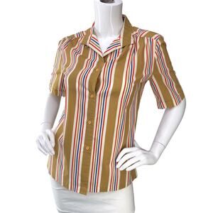 Lady Manhattan Womens Vintage Size 8 Button Up Shirt Short Sleeve Striped Brown